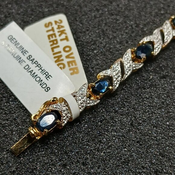 24K Gold Over Sterling Silver Sapphire Tennis Bracelet 7.25" 14g NWT - Picture 10 of 13